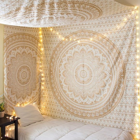 Kikiboheme Other - Gold Metallic Look Boho Wall Hanging Cotton Tapestry Bohemian Decor Mandala NEW